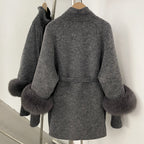 OFTBUY High Collar Belt Real Fox Fur Wool Coat Female New Autumn Winter Knitted Sleeves Woolen Clothes Women Alpaca Loose Jacket