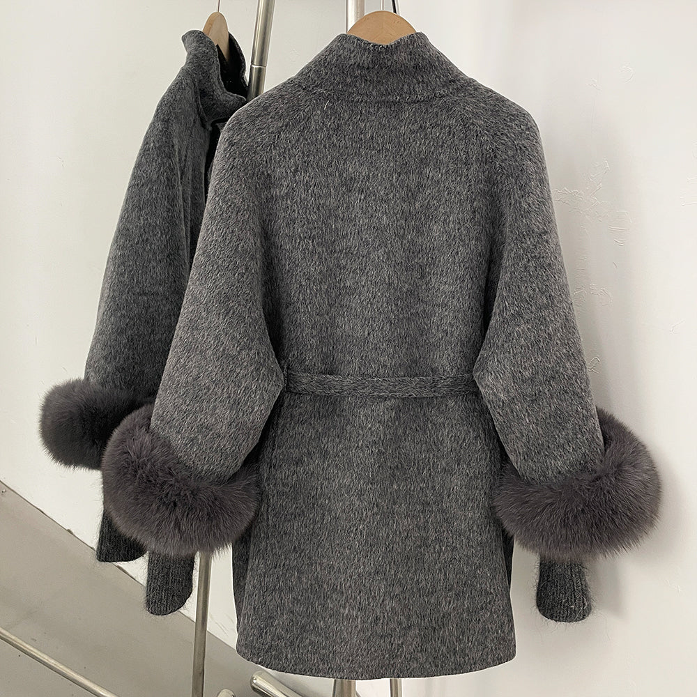 OFTBUY High Collar Belt Real Fox Fur Wool Coat Female New Autumn Winter Knitted Sleeves Woolen Clothes Women Alpaca Loose Jacket