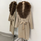 OFTBUY New Women's Knit Coat with Large Real Fox Fur Collar Belted Cardigan Female Winter Elegant Outerwear Warm Long Coat Lady