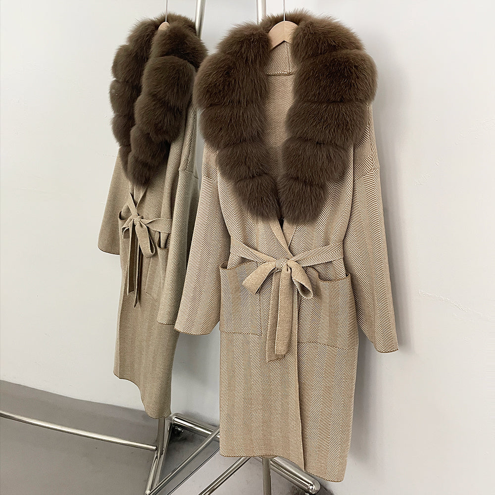 OFTBUY New Women's Knit Coat with Large Real Fox Fur Collar Belted Cardigan Female Winter Elegant Outerwear Warm Long Coat Lady
