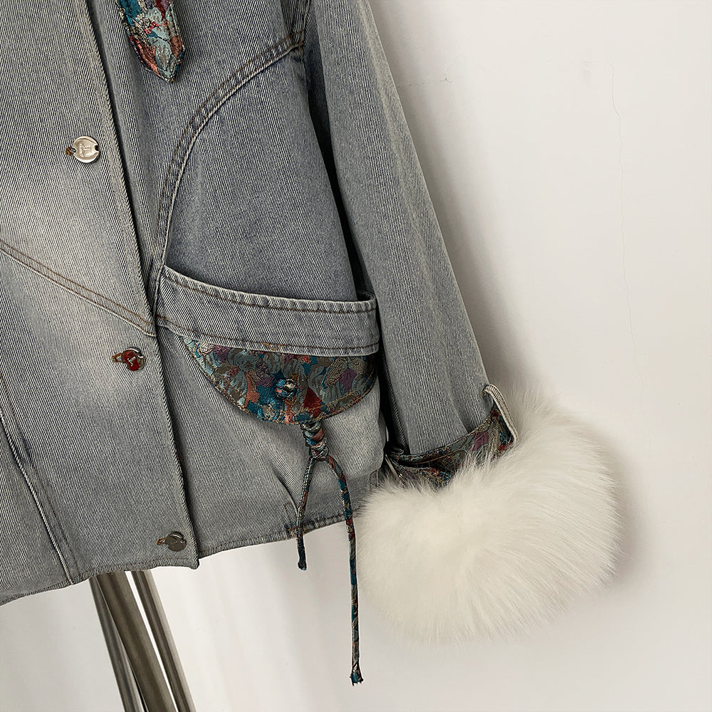 OFTBUY New Autumn Winter Clothes Female Real Fox Fur Goose Down Inner Lid Denim Jacket Women Thick Warm Fur Puffer Jacket Lady