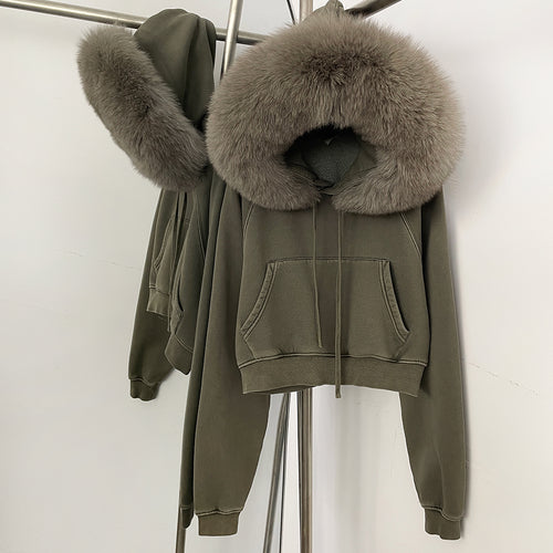 OFTBUY Casual Y2K Hoodie Real Fox Fur Collar Thickened Streetwear Hiphop Hoodie Sweatshirt Vintage Rock Goth Loose Punk Jacket