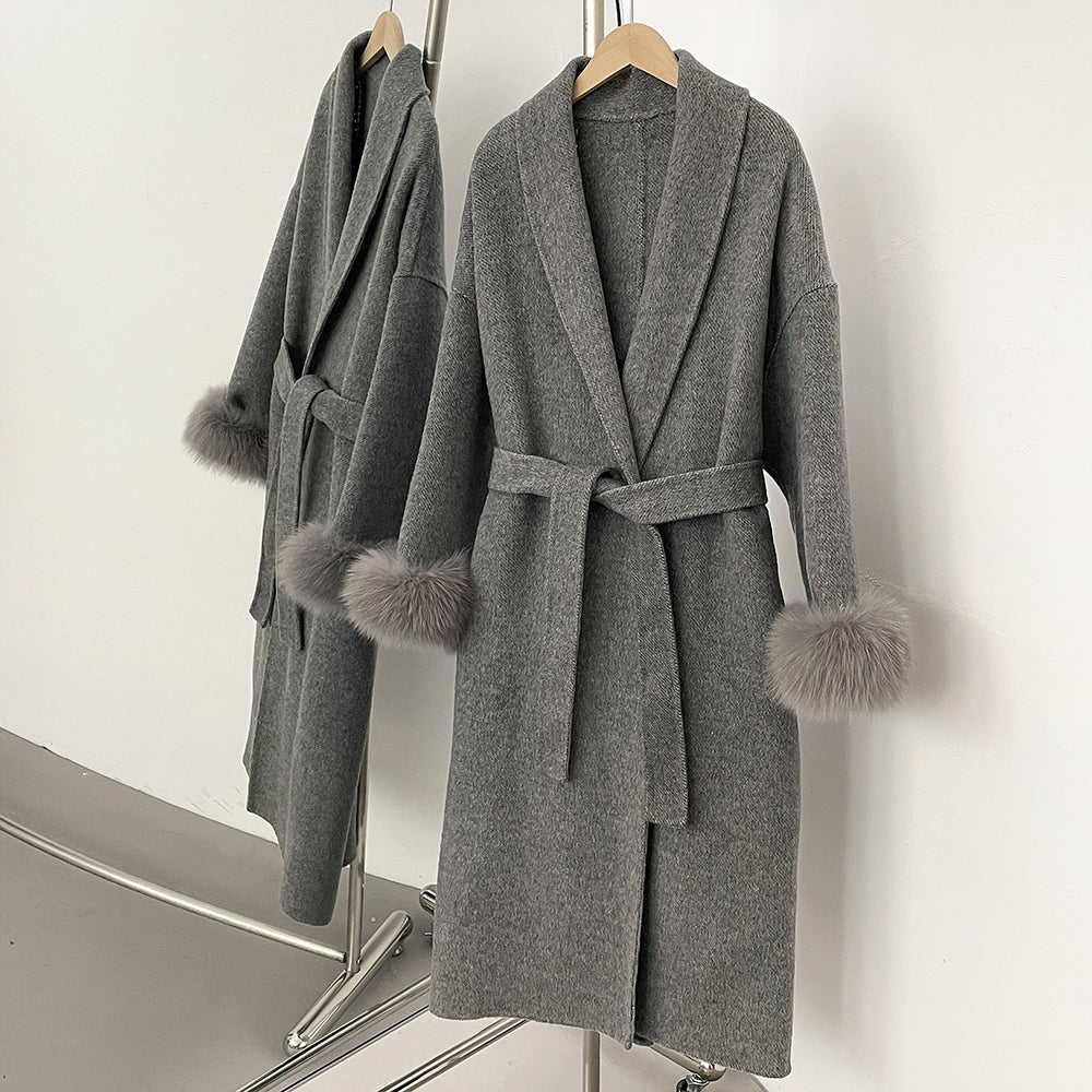 OFTBUY High End Double-sided Wool Strapping Real Wool Fur Coat Women's Removable Cuffs Fox Fur Temperament Cashmere Short Jacket