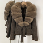 OFTBUY Belt Suede Jacket Women New Autumn Winter Real Fox Fur Collar Clothes Female Thick Warm Natural Rabbit Fur Lining Coat