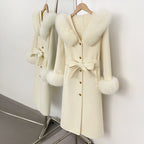OFTBUY New Women's Wool Coat with Real Fox Fur Collar Cuffs Belted Waist Gold Button Elegant Winter Luxury Outerwear Female