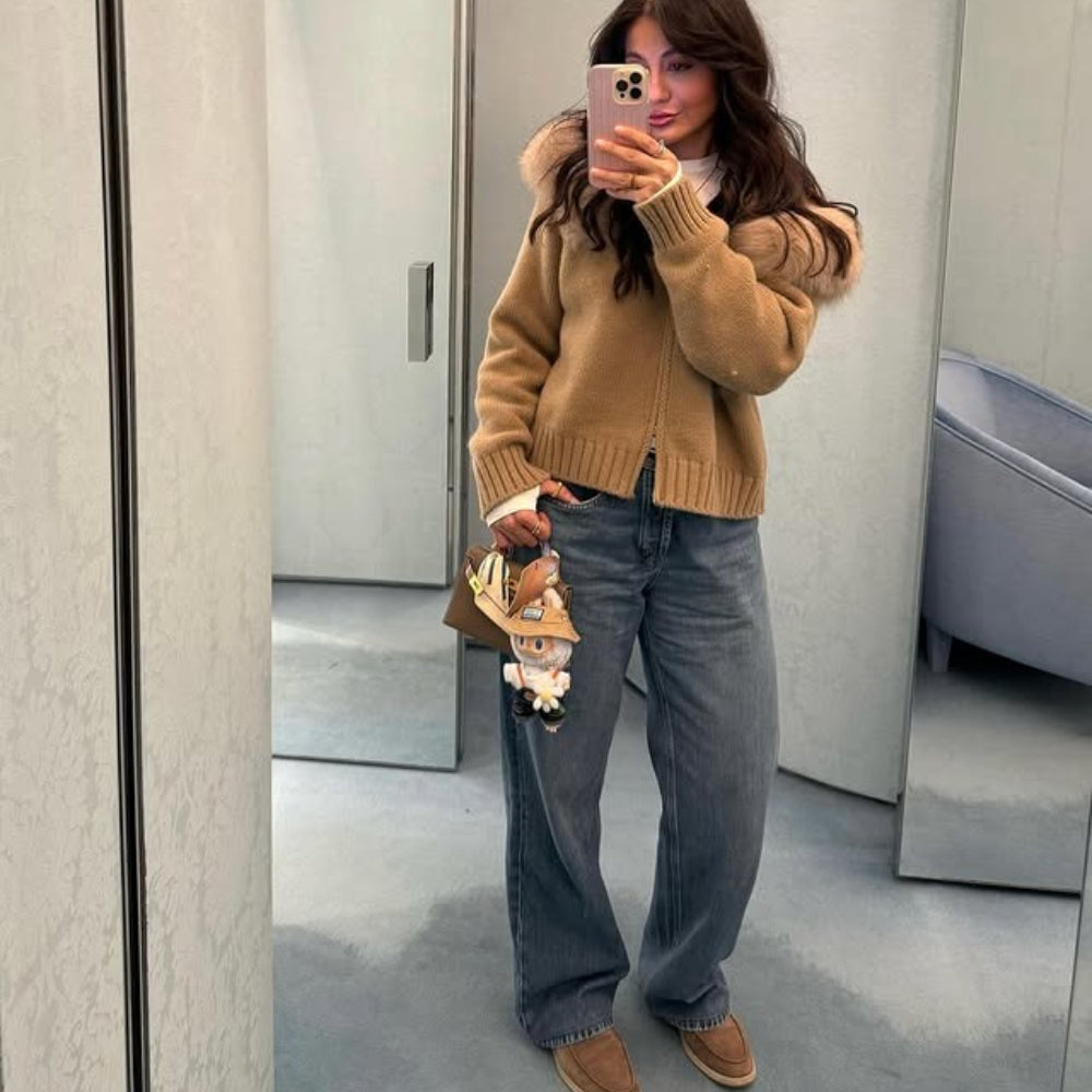 OFTBUY Luxury Knitted Zip-Up Hoodie with Oversized Real Fox Fur Hood - Premium Apres-Ski Luxe Loungewear