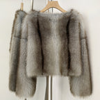OFTBUY Luxury Collarless Faux Fur Jacket - Chic Short Fluffy Vegan Fur Coat for Women