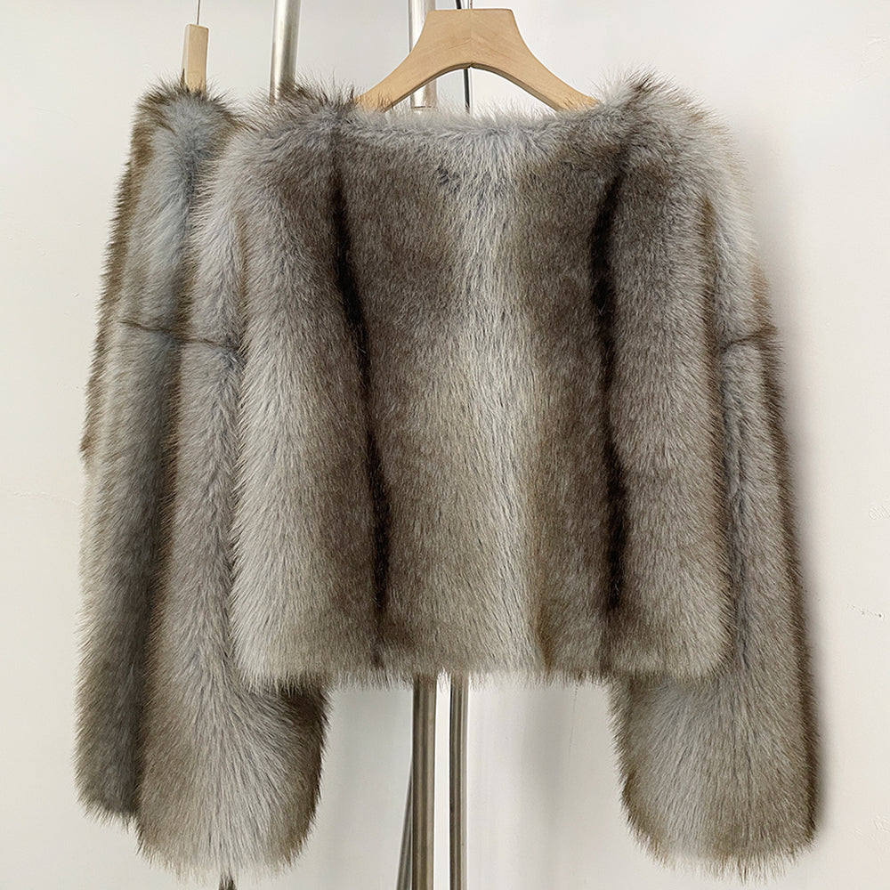 OFTBUY Luxury Collarless Faux Fur Jacket - Chic Short Fluffy Vegan Fur Coat for Women
