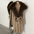 OFTBUY New Natural Fur Collar Long Knit Jacket Women Atrumn Winter Top Clothing Female Fashion Warm Belt Real Fox Fur Cardigan