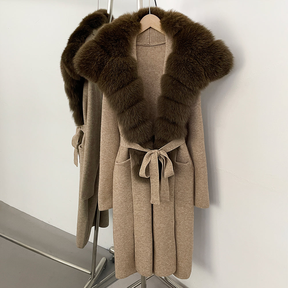 OFTBUY New Natural Fur Collar Long Knit Jacket Women Atrumn Winter Top Clothing Female Fashion Warm Belt Real Fox Fur Cardigan