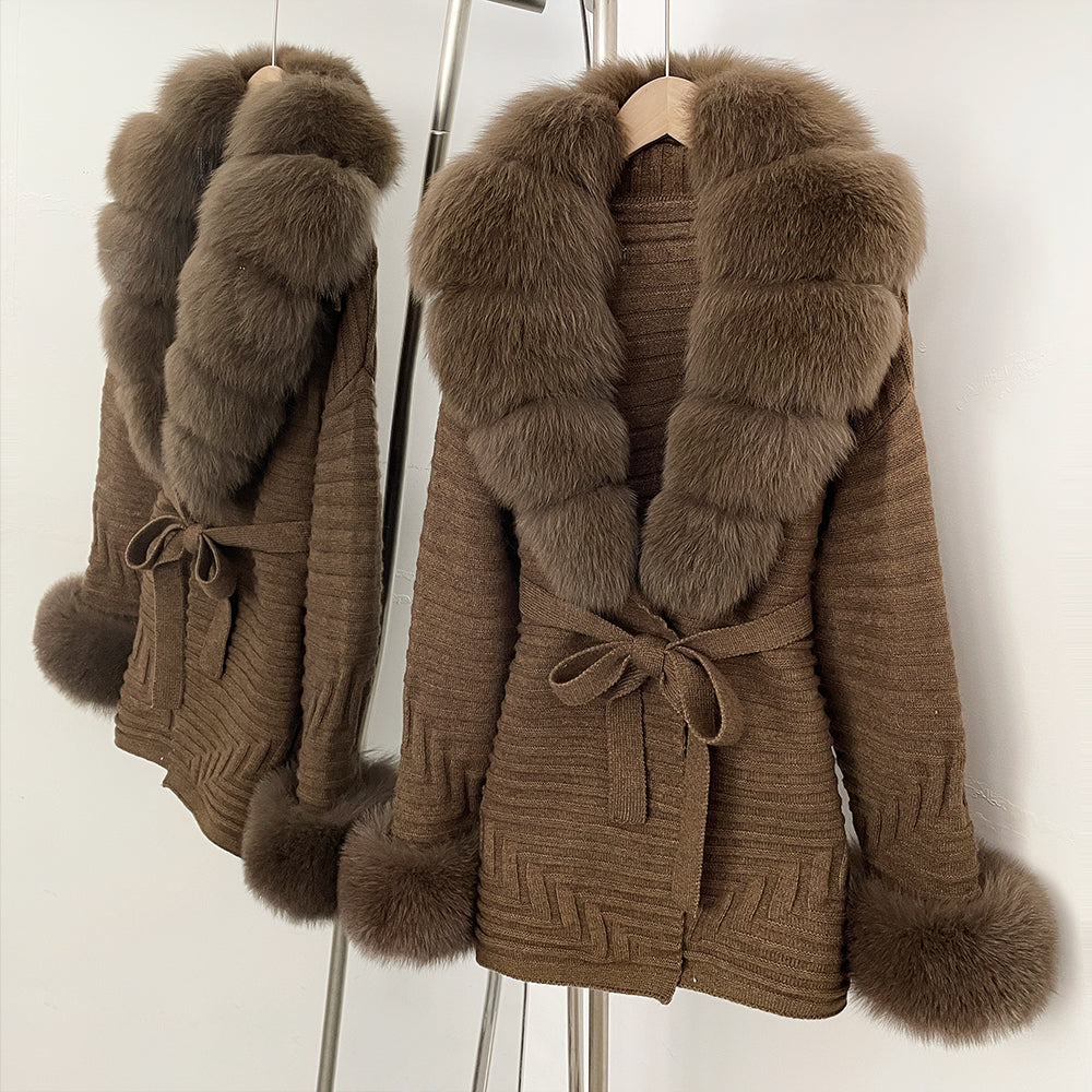 OFTBUY Belted Waist Striped Texture Pockets New Women's Knit Coat with Large Real Fox Fur Collar Winter Luxury Elegant Outerwear