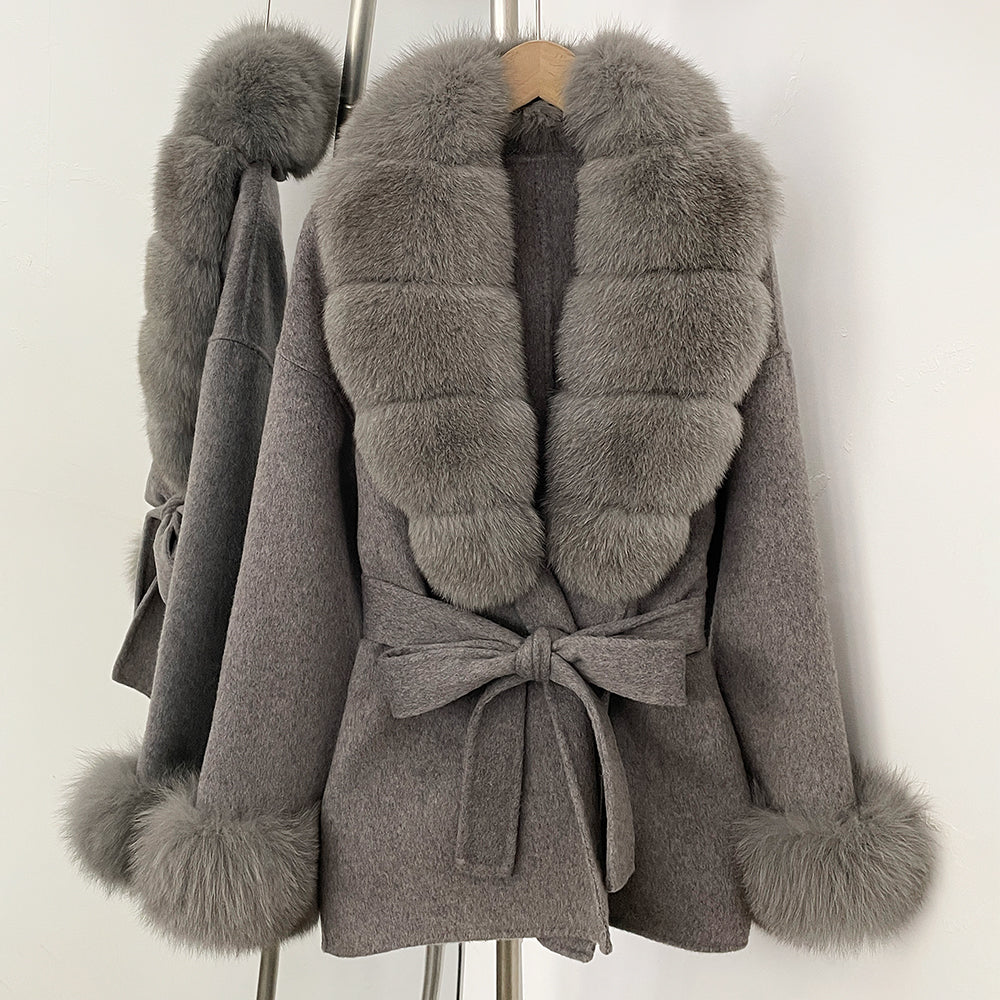 OFTBUY New Women's Double-Faced Wool Coat with Large Real Fox Fur Belted Warm Jacket Winter Elegant Fashion Outerwear Female