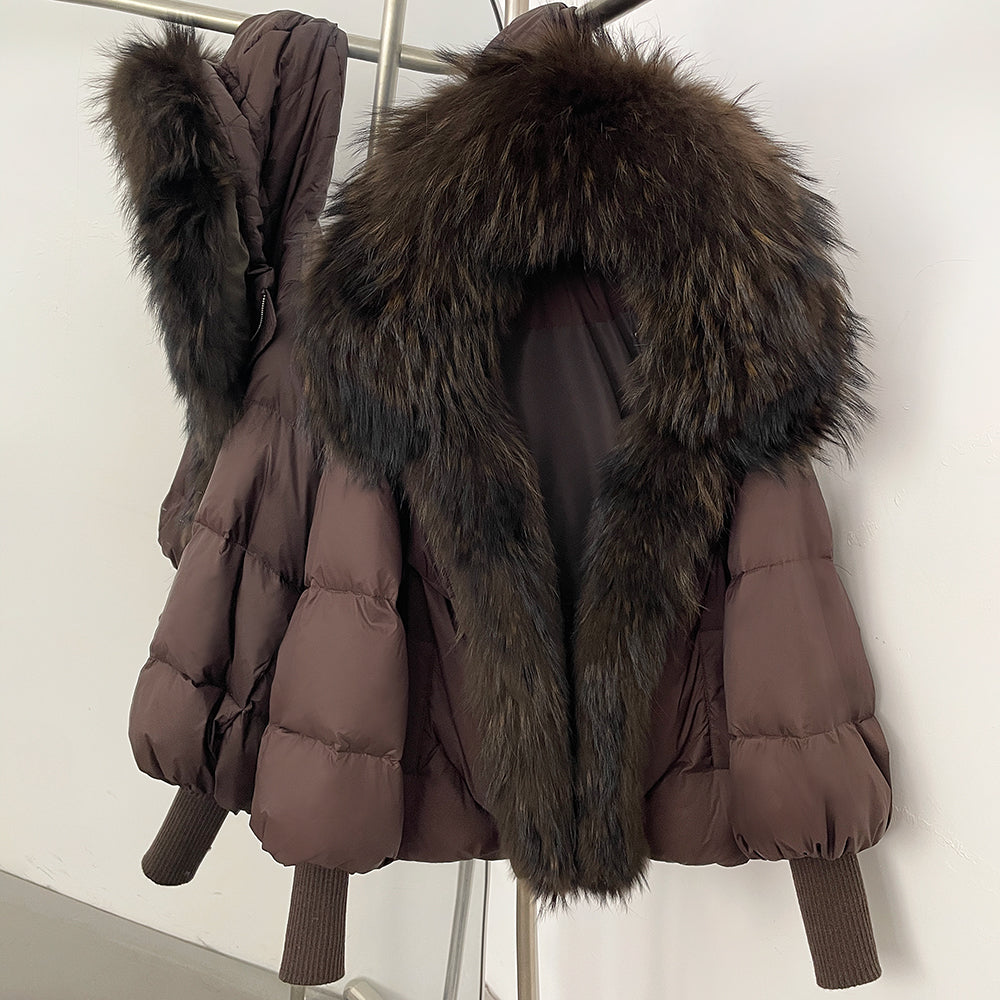 Rich espresso brown cropped down jacket with an oversized dark raccoon fur collar