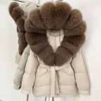 OFTBUY Thick Warm Mid-Long Puffer Coat Real Fox Fur Collar White Duck Down Coat Female Loose Warm Hooded Parkas With Belt