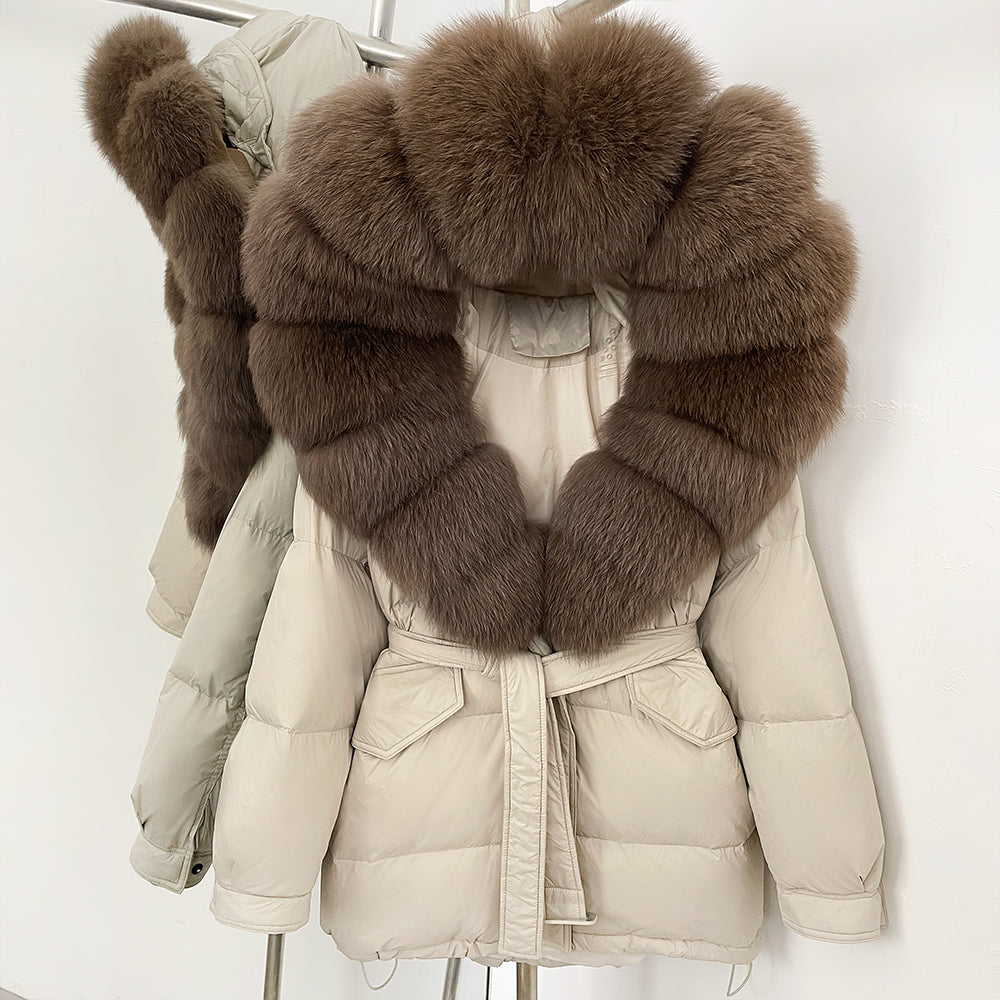 OFTBUY Thick Warm Mid-Long Puffer Coat Real Fox Fur Collar White Duck Down Coat Female Loose Warm Hooded Parkas With Belt