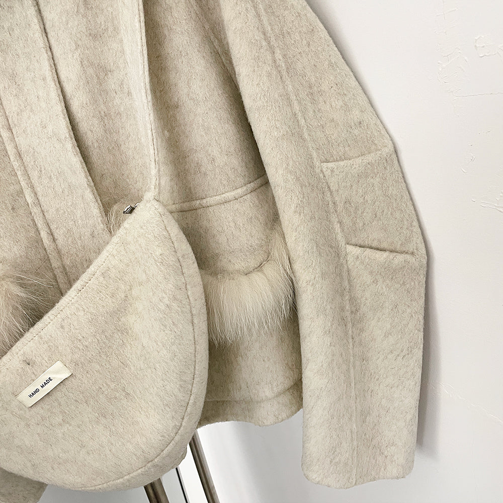 OFTBUY Short Zipper Real Fox Fur Woolen Jacket Fashion Casual Long Sleeves Woo Coat Female with Bag New Autumn Clothes Women