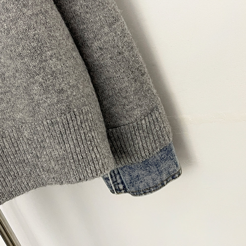 OFTBUY Denim Trim Warm Autumn Winter Fashion Outerwear Sweater Female New Women's Knit Cardigan with Large Real Fox Fur Collar