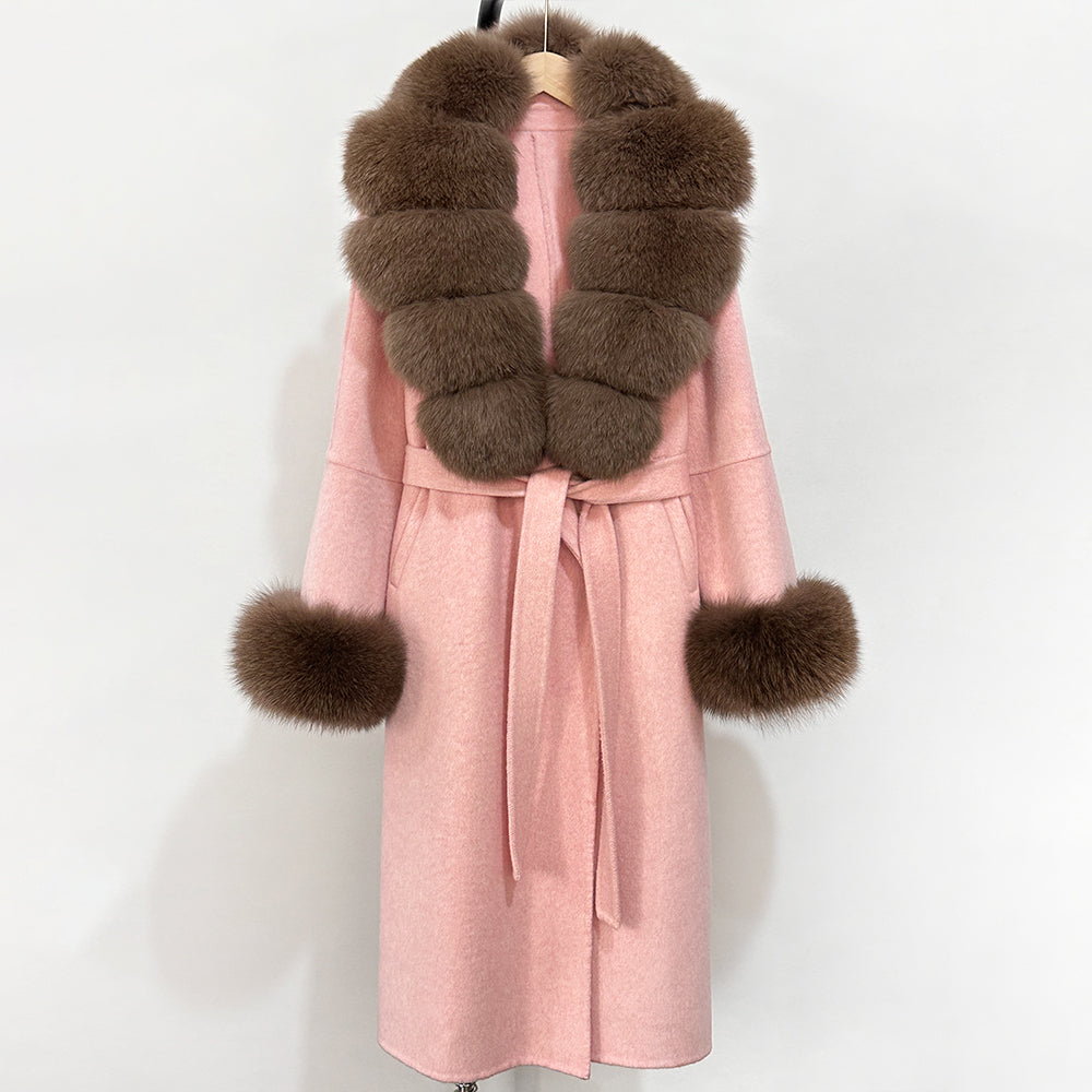 OFTBUY New Women's Double-Faced Wool Coat with Large Real Fox Fur Belted Warm Winter Luxury Fashion Outerwear Woolen Jacket Lady