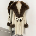 OFTBUY Fashion Warm Belt Real Fox Fur Cardigan New Natural Fur Collar Long Knit Jacket Women Atrumn Winter Top Clothing Female