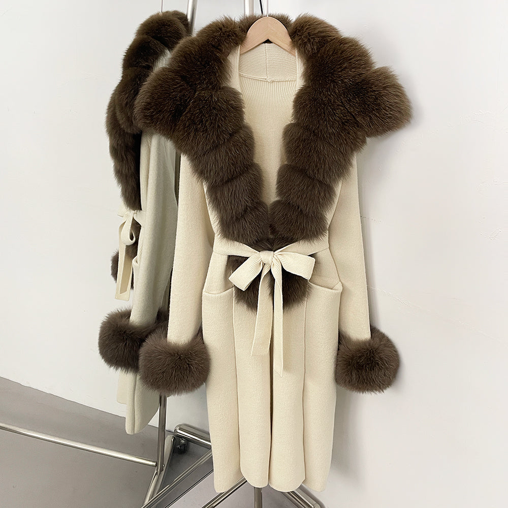 OFTBUY Fashion Warm Belt Real Fox Fur Cardigan New Natural Fur Collar Long Knit Jacket Women Atrumn Winter Top Clothing Female