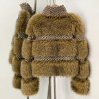 Back view of the chic cropped wool and fur panelled jacket showing a clean silhouette
