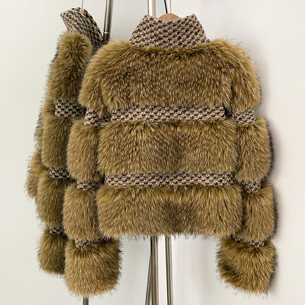 Back view of the chic cropped wool and fur panelled jacket showing a clean silhouette