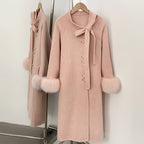OFTBUY New Women's Double-Faced Wool Coat with Real Fox Fur Design Belted Bow Warm Winter Elegant Fashion Outerwear Woolen Coat