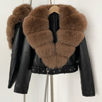 OFTBUY Natural Fox Fur Faux Leather Jacket Female New Autumn Short Top Clothing Women Long Sleeve Fake Leather Real Fur Coat