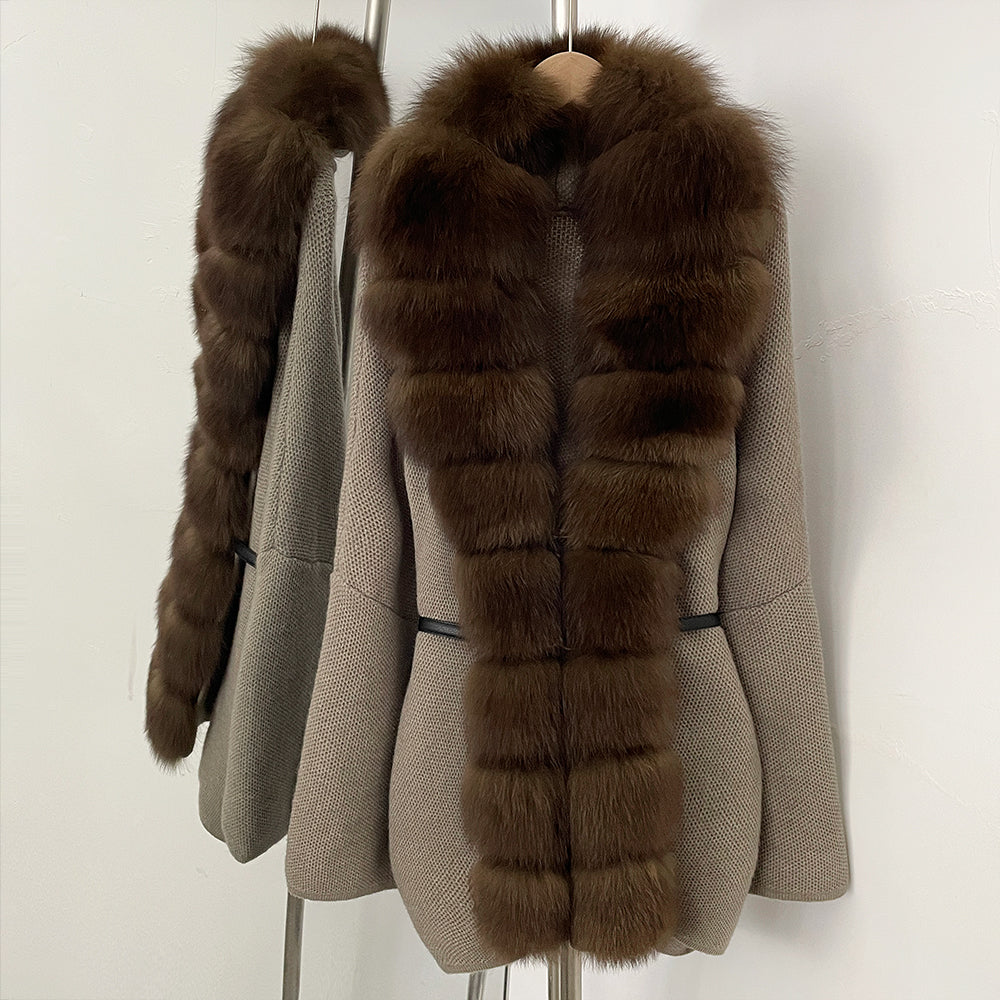 OFTBUY Metal Belt Knit Warm Winter Luxury Fashion Outerwear Sweater Cardigan New Women's Knit Coat with Full Real Fox Fur Front