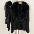 OFTBUY Luxury 100% Cotton Jacket with Real Fox Fur Collar New Autumn Winter Knit Cardigan Women Slim Warm Sweater Outerwear Lady