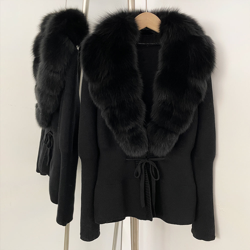 OFTBUY Luxury 100% Cotton Jacket with Real Fox Fur Collar New Autumn Winter Knit Cardigan Women Slim Warm Sweater Outerwear Lady
