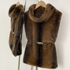 OFTBUY Luxury Belted Faux Fur Vest - Elegant Funnel Neck Vegan Fur Gilet with Vertical Stripes