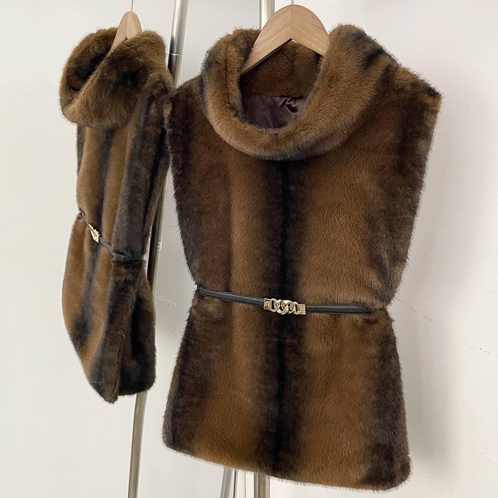 OFTBUY Luxury Belted Faux Fur Vest - Elegant Funnel Neck Vegan Fur Gilet with Vertical Stripes