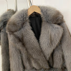 OFTBUY Luxury Long-Length Belted Faux Fur Coat - Premium Vegan Silver Fox Style Overcoat with Oversized Lapel