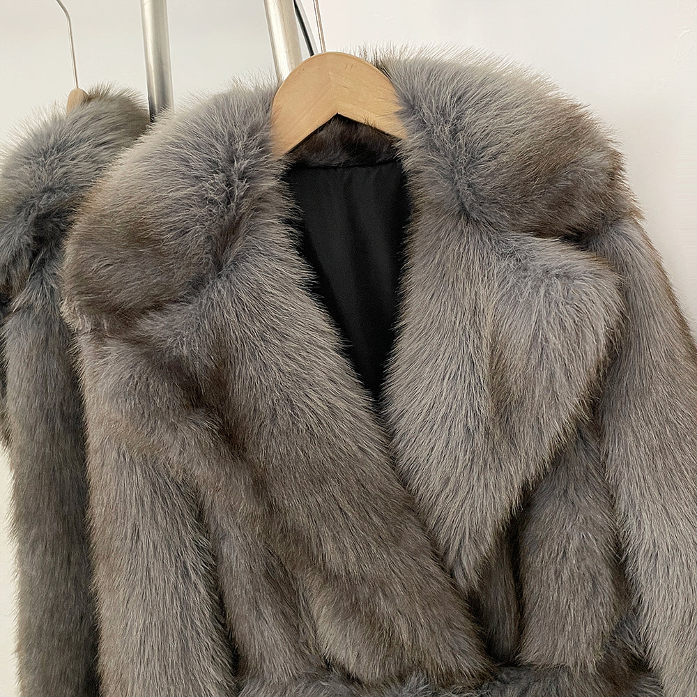 OFTBUY Luxury Long-Length Belted Faux Fur Coat - Premium Vegan Silver Fox Style Overcoat with Oversized Lapel