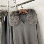 OFTBUY Knitted Pant Set Female Fashion Warm Real Fox Fur Sweater Lady New Autumn Winter Plus Size Woman Clothes Outfits Knitwear