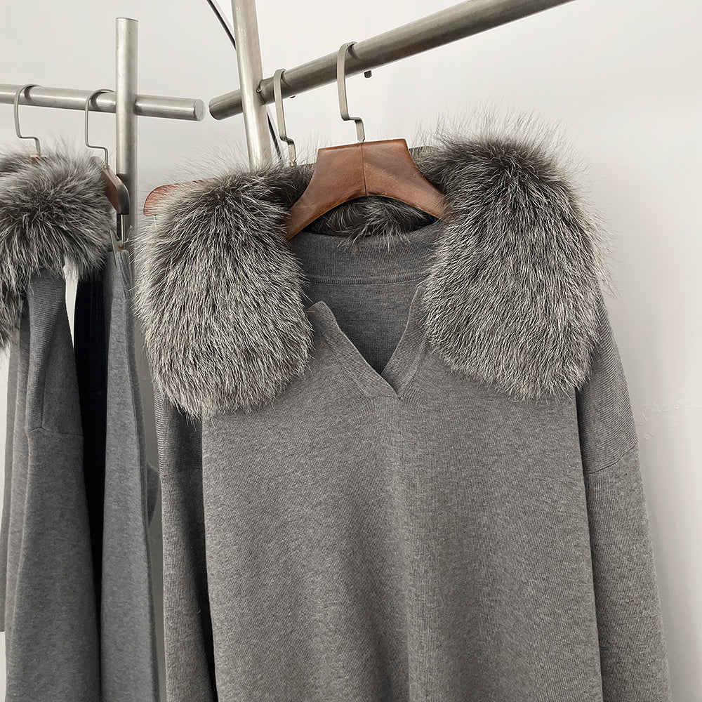 OFTBUY Knitted Pant Set Female Fashion Warm Real Fox Fur Sweater Lady New Autumn Winter Plus Size Woman Clothes Outfits Knitwear