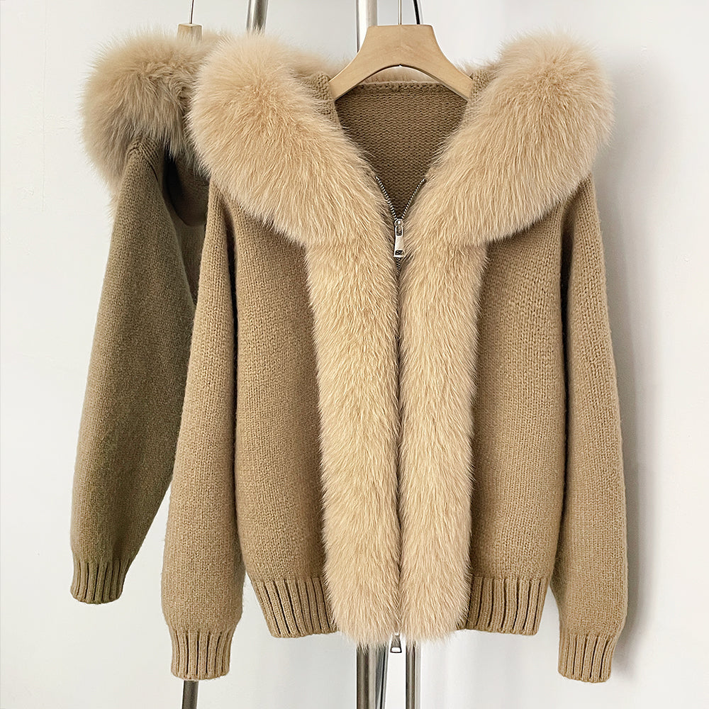 OFTBUY Luxury Viscose Blend Knitted Jacket with Real Fox Fur Hood & Trim - Premium Zip-Up Sweater with Oversized Fur Collar