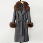 OFTBUY Fashion Warm Solid Long Wool Real Fur Jacket Female Natural Fox Fur Cuff Woolen Coat New Autumn Winter Black Clothes Lady