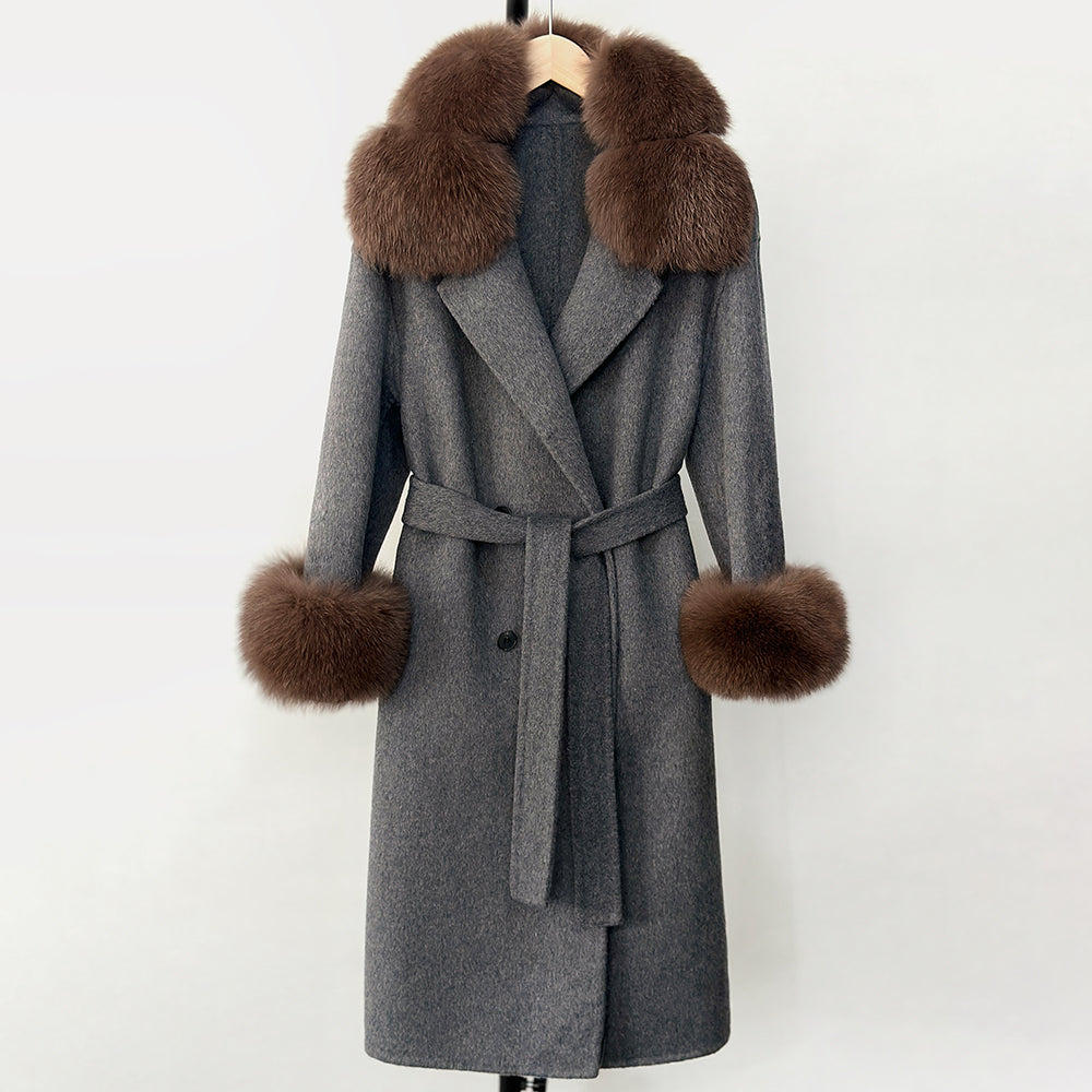 OFTBUY Fashion Warm Solid Long Wool Real Fur Jacket Female Natural Fox Fur Cuff Woolen Coat New Autumn Winter Black Clothes Lady