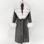OFTBUY Fashion Warm Woolen Jacket with Real Fox Fur Collar and Cuffs New Autumn Winter Wool Clothing Women Long Belt Outerwear