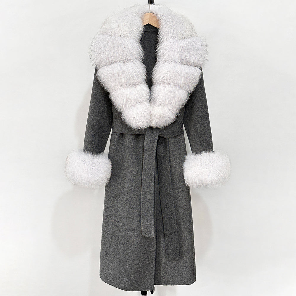 OFTBUY Fashion Warm Woolen Jacket with Real Fox Fur Collar and Cuffs New Autumn Winter Wool Clothing Women Long Belt Outerwear