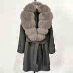 OFTBUY Natural Real Fox Fur Wool Blends Coat Women New Belt Pocket Winter Jacket Female Loose Woolen Outerwear Streetwear