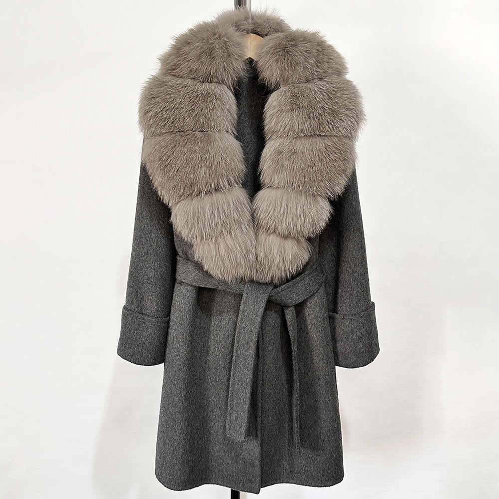 OFTBUY Natural Real Fox Fur Wool Blends Coat Women New Belt Pocket Winter Jacket Female Loose Woolen Outerwear Streetwear