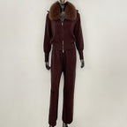 OFTBUY Winter New Women's Knitted Tracksuit Set with Fox Fur Collar Zipper Jacket Wide Leg Pants Luxury Casual Two-Piece Outfit