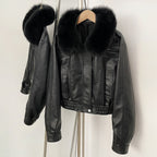 OFTBUY Women's Faux Leather Bomber Jacket with Real Fox Fur Collar PU Leather Cropped Aviator Coat Female New Winter Outerwear