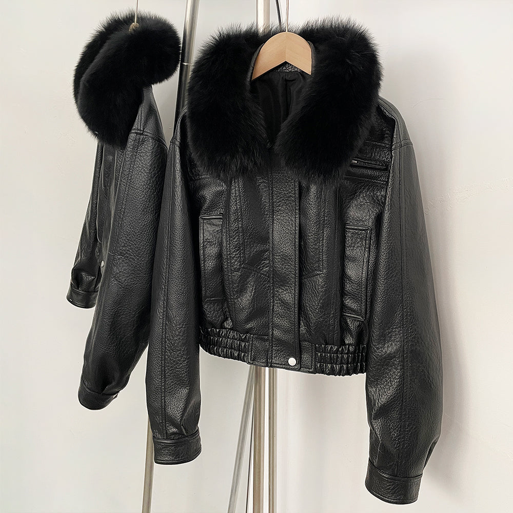 OFTBUY Women's Faux Leather Bomber Jacket with Real Fox Fur Collar PU Leather Cropped Aviator Coat Female New Winter Outerwear