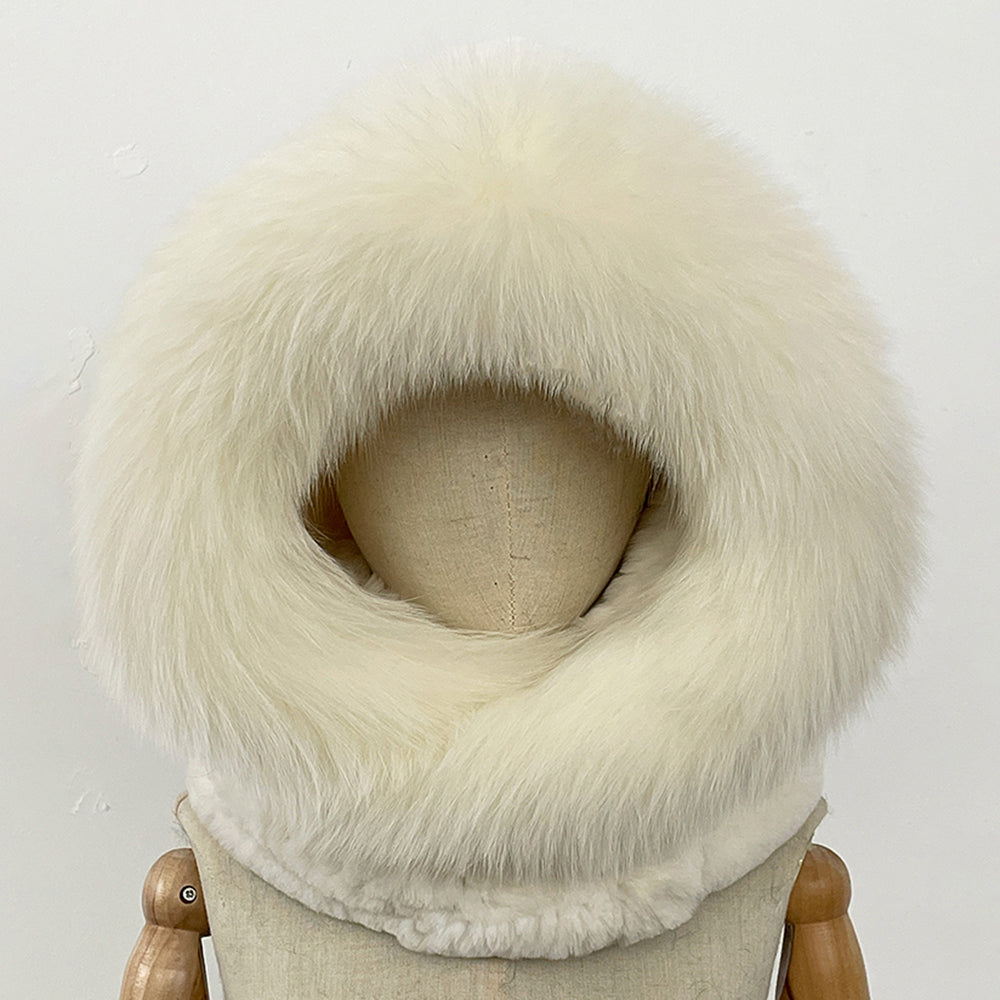 OFTBUY New Winter Thick Warm Windproof Fluffy Neckerchief Female Natural Rabbit Fur Hat with Scarf Women Real Fox Fur Cap Child