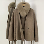 OFTBUY New Winter Woolen Clothes Women Short Belt Real Fox Fur Collar 100% Wool Jacket Feamle V-neck Loose Warm Natural Fur Coat