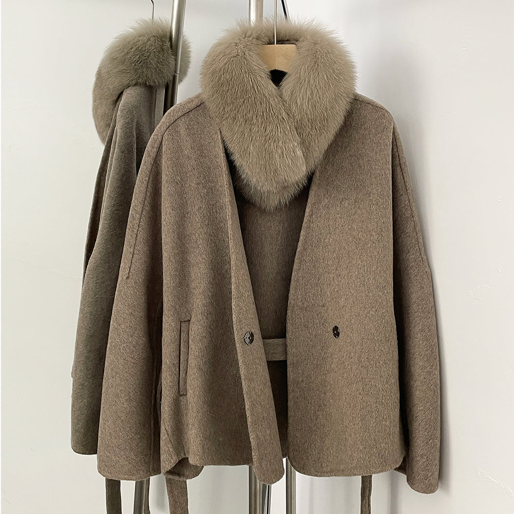 OFTBUY New Winter Woolen Clothes Women Short Belt Real Fox Fur Collar 100% Wool Jacket Feamle V-neck Loose Warm Natural Fur Coat